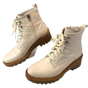 Dolce Vita Cream Leather Studded Combat Boots Block Heel Side Zip Lace Up Sz 10